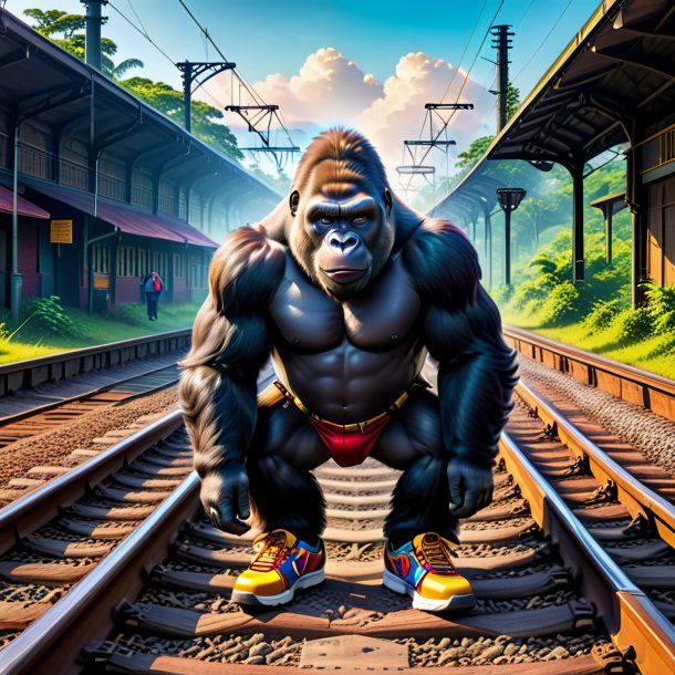 Image of a gorilla in a shoes on the railway tracks