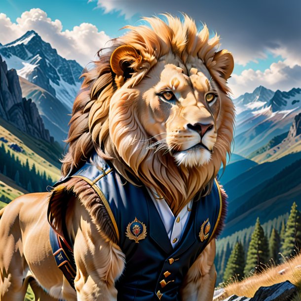 Drawing of a lion in a vest in the mountains