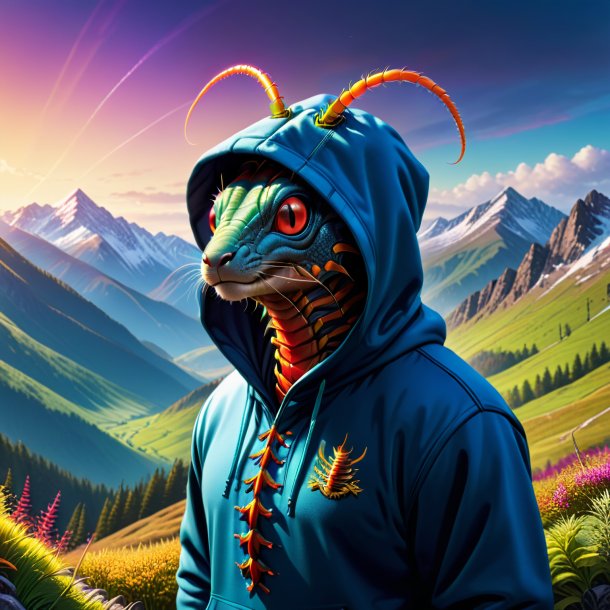 Illustration of a centipede in a hoodie in the mountains