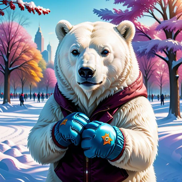 Illustration of a polar bear in a gloves in the park