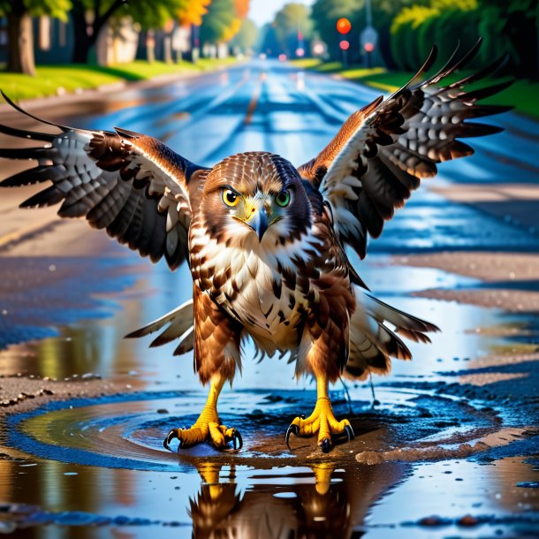 Photo of a smiling of a hawk in the puddle