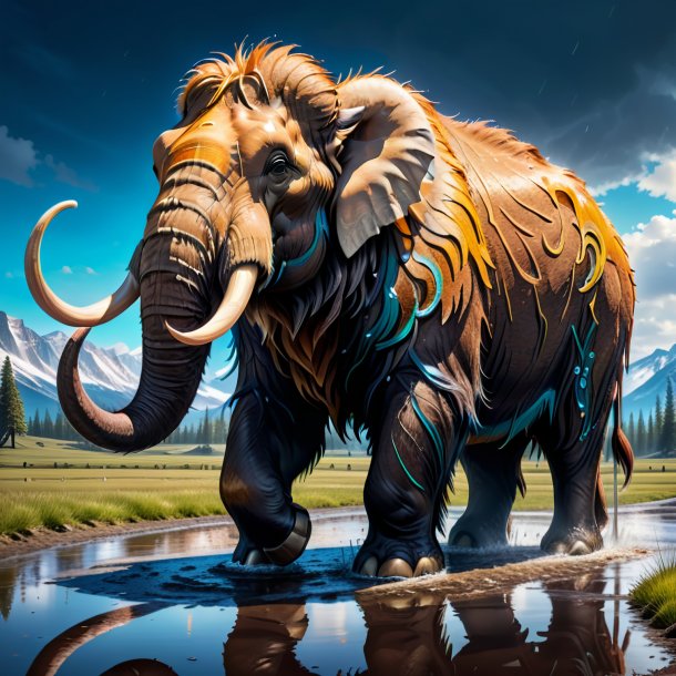 Drawing of a mammoth in a vest in the puddle