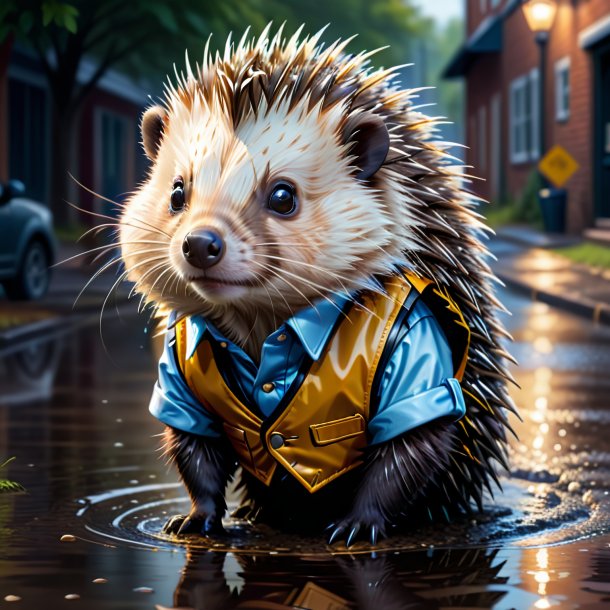 Illustration of a porcupine in a vest in the puddle