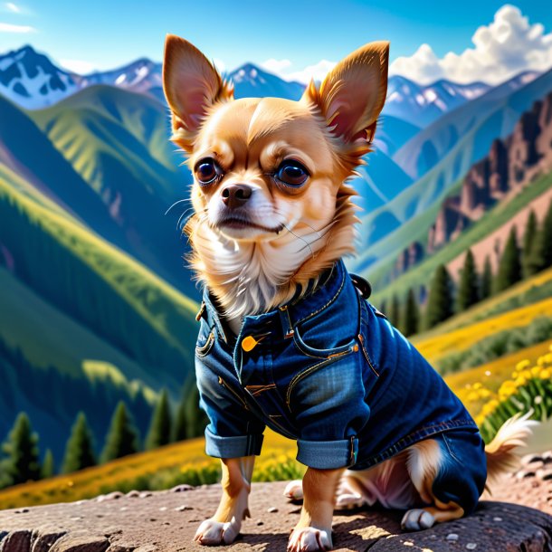 Photo of a chihuahua in a jeans in the mountains