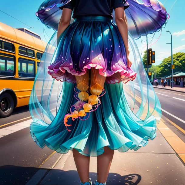 Illustration of a jellyfish in a skirt on the bus stop