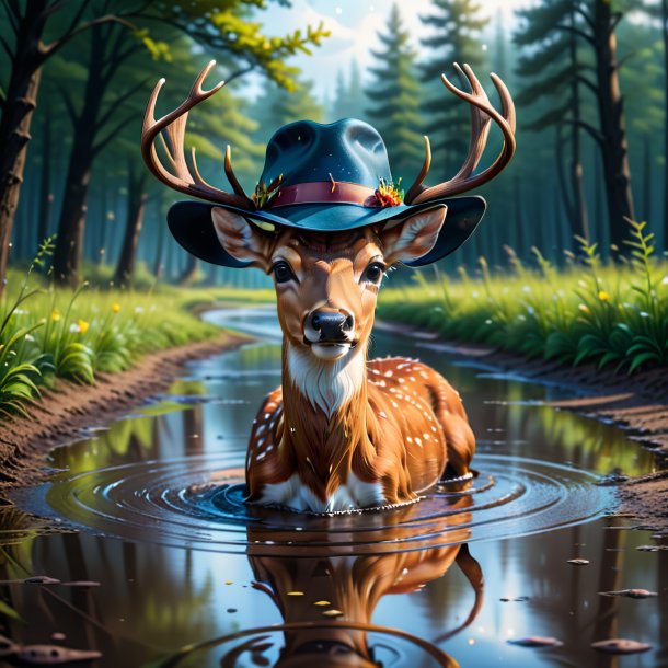 Dessin d'un cerf dans un chapeau dans la flaque