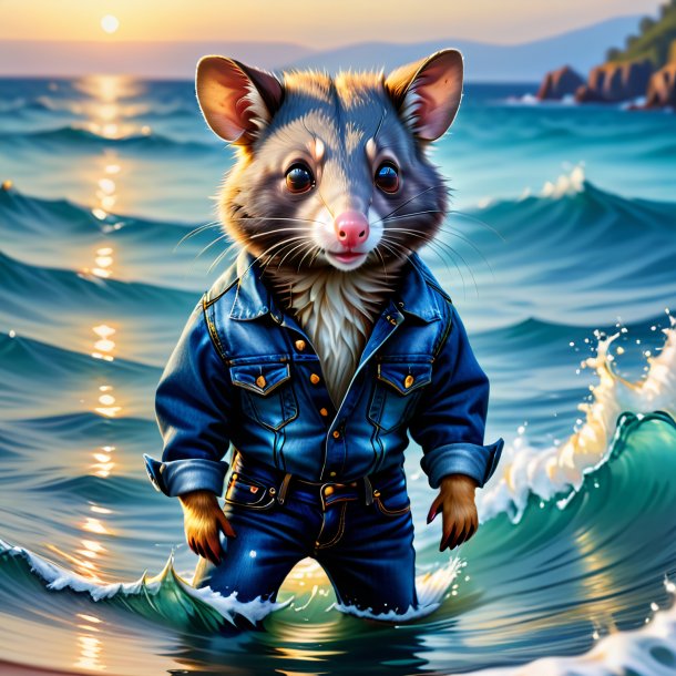 Image d'un opossum dans un jean dans la mer