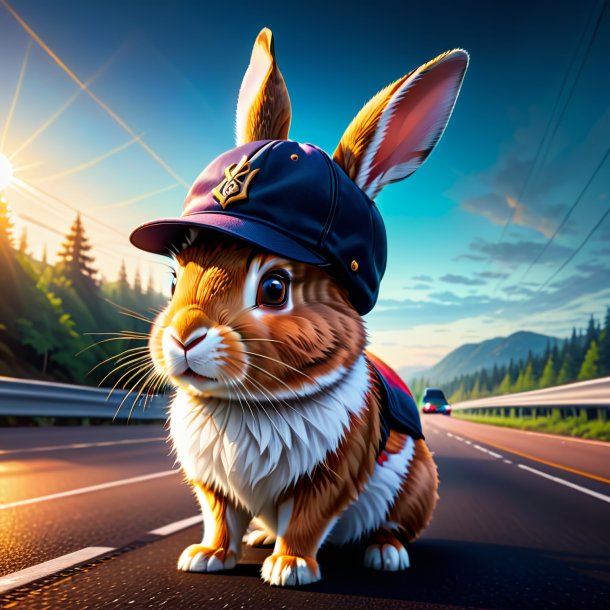 Illustration of a rabbit in a cap on the highway