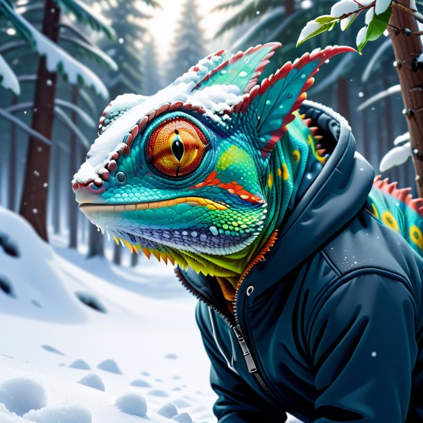 Illustration of a chameleon in a hoodie in the snow