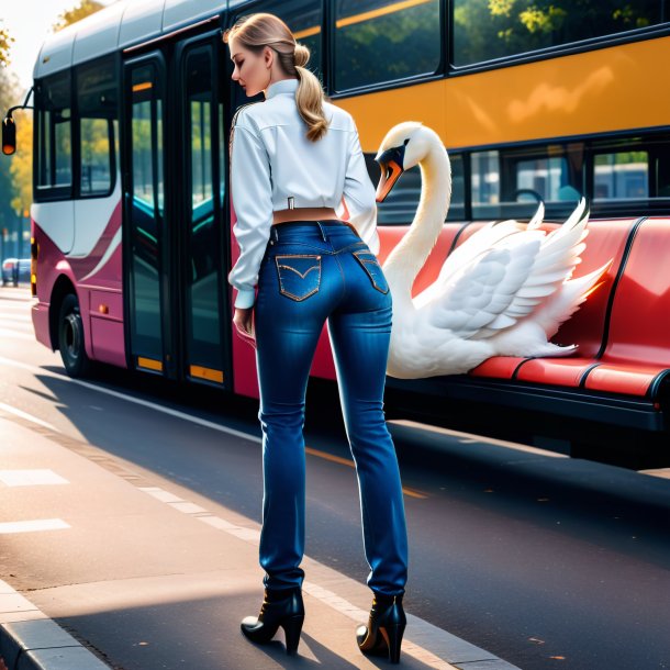 Foto de un cisne en jeans en la parada de autobús