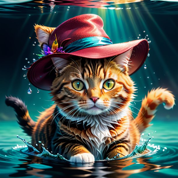 Ilustración de un gato en un sombrero en el agua