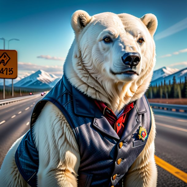 Foto de um urso polar em um colete na rodovia