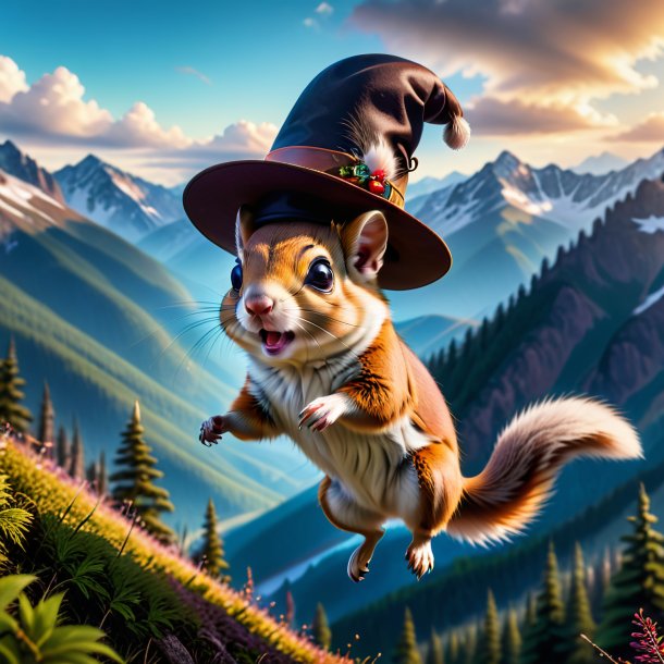 Image of a flying squirrel in a hat in the mountains