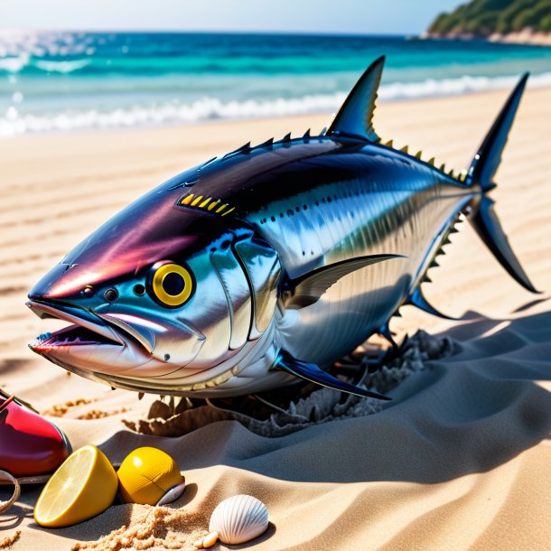 Foto de um atum em um sapato na praia