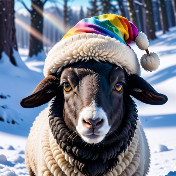 Pic of a sheep in a hat in the snow