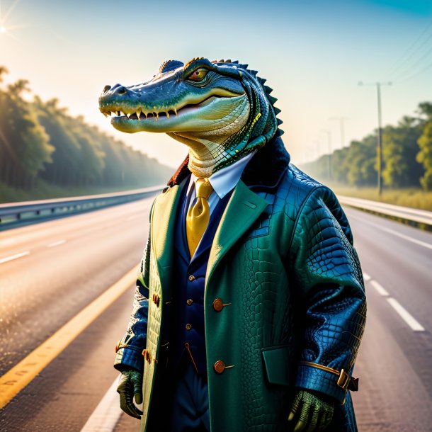 Image of a alligator in a coat on the highway