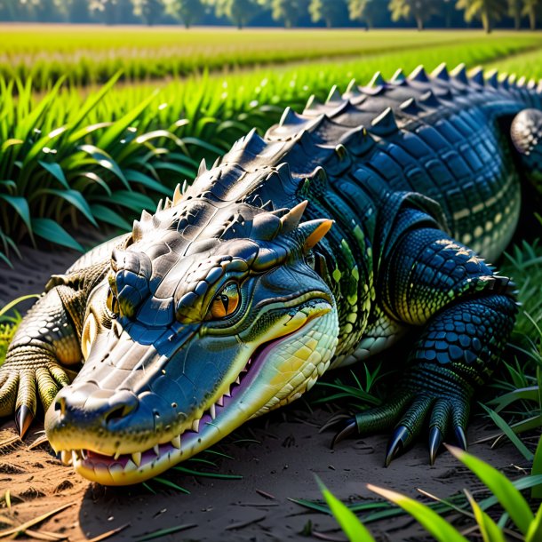 Photo of a resting of a alligator on the field