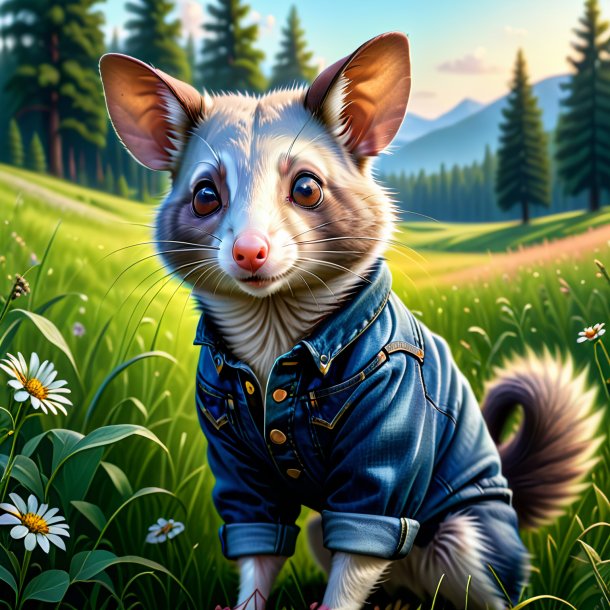 Drawing of a possum in a jeans in the meadow