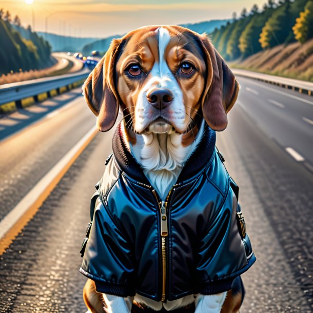 Drawing of a beagle in a jacket on the highway