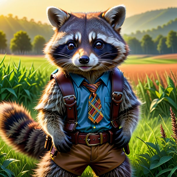 Illustration of a raccoon in a belt on the field