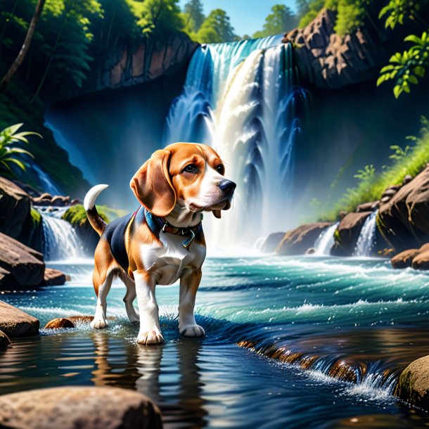 Photo of a beagle in a jeans in the waterfall