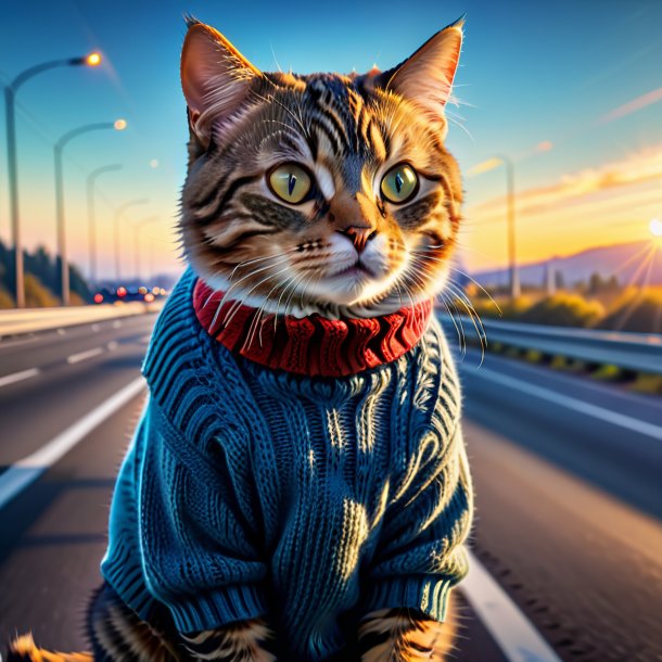 Imagen de un gato en un suéter en la carretera