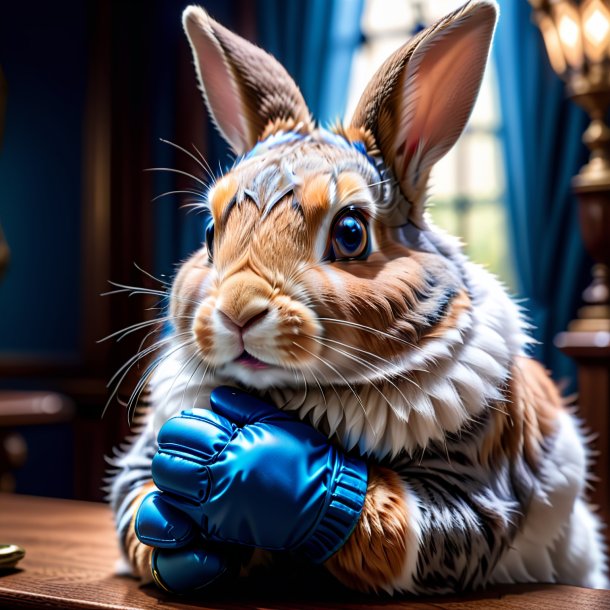 Pic d'un lapin dans un gants bleu