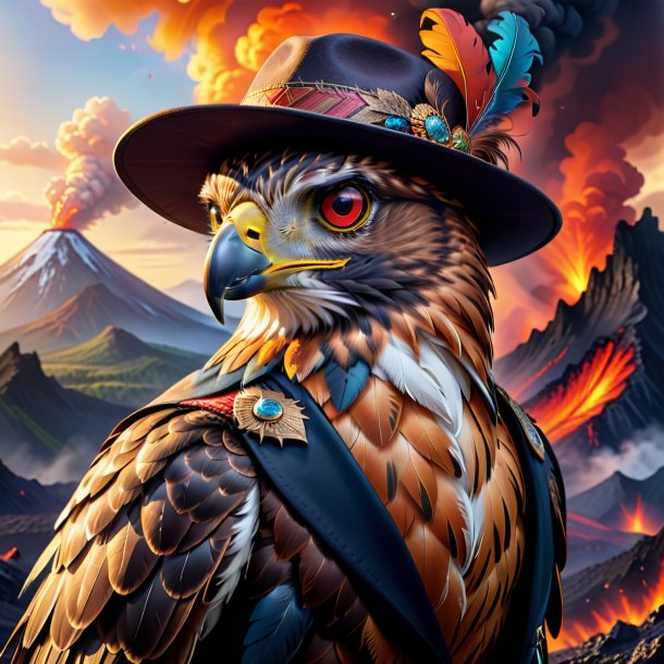 Drawing of a hawk in a hat in the volcano