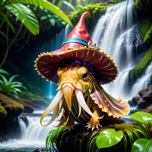 Pic of a cuttlefish in a hat in the waterfall