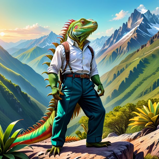 Drawing of a iguana in a trousers in the mountains