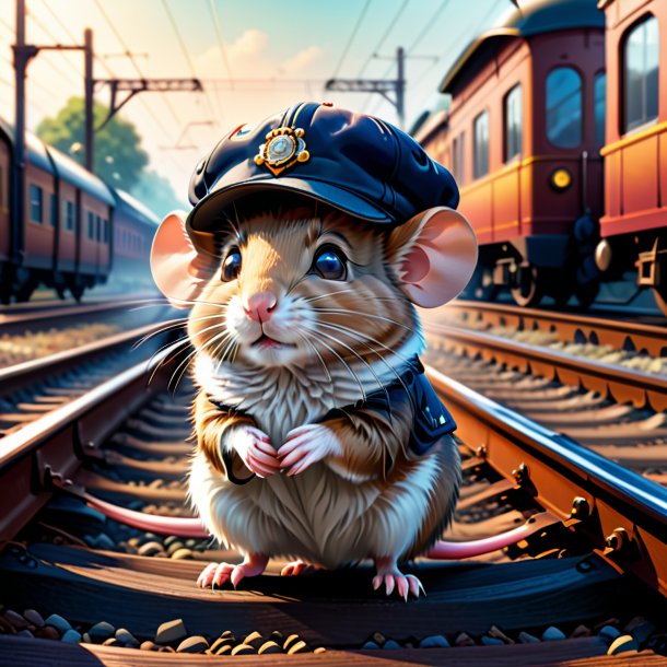 Illustration of a mouse in a cap on the railway tracks