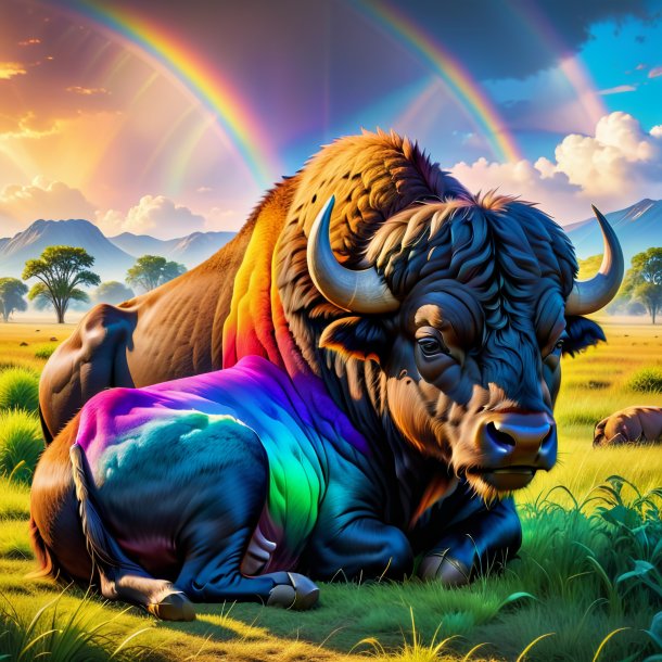 Picture of a sleeping of a buffalo on the rainbow