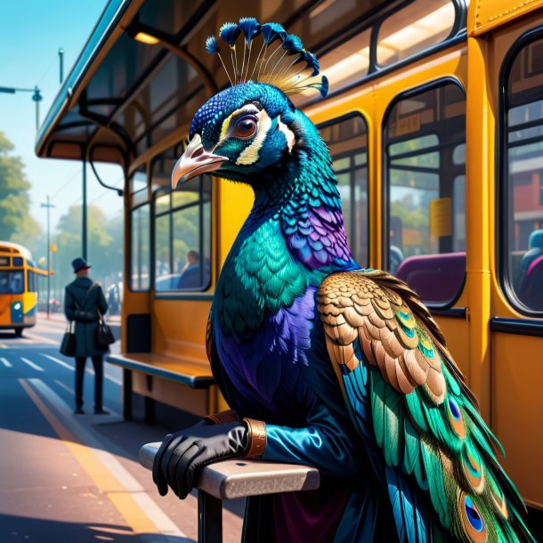 Ilustración de un pavo real en guantes en la parada de autobús