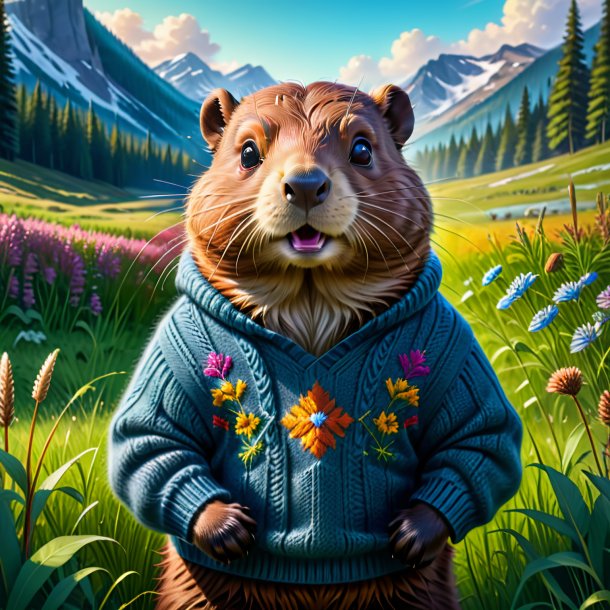 Drawing of a beaver in a sweater in the meadow