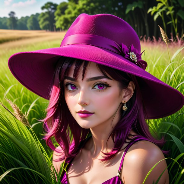 Retrato de un sombrero magenta de hierba