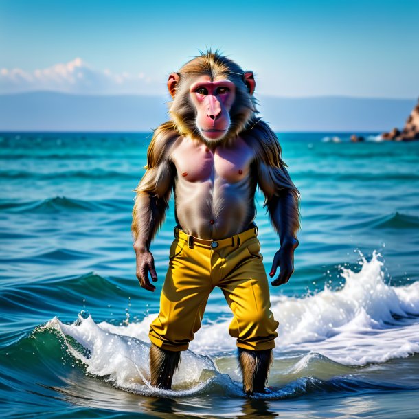 Image of a baboon in a trousers in the sea