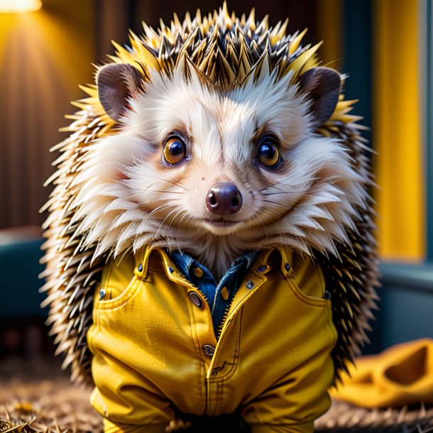 Photo of a hedgehog in a yellow jeans