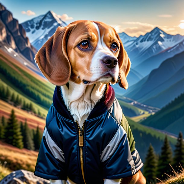 Foto de um beagle em uma jaqueta nas montanhas