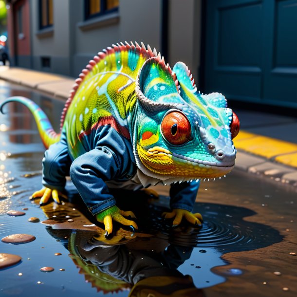 Drawing of a chameleon in a jeans in the puddle