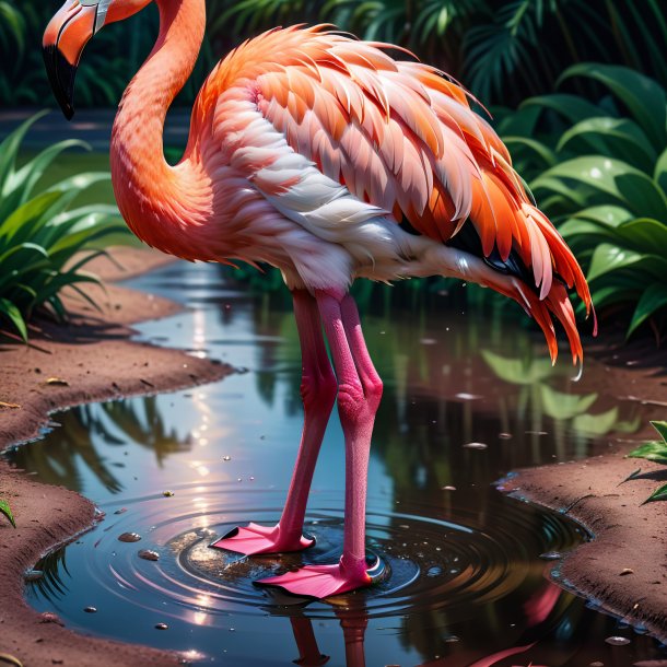 Illustration of a flamingo in a skirt in the puddle