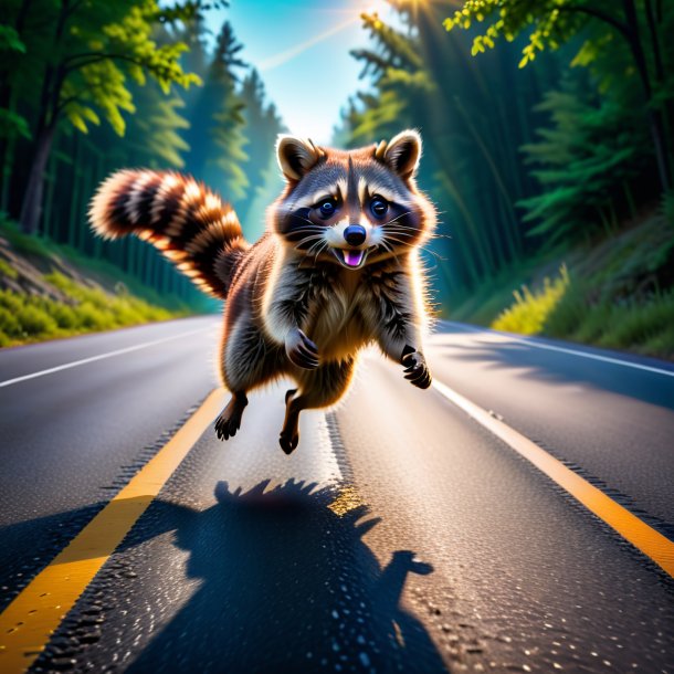 Photo of a jumping of a raccoon on the road