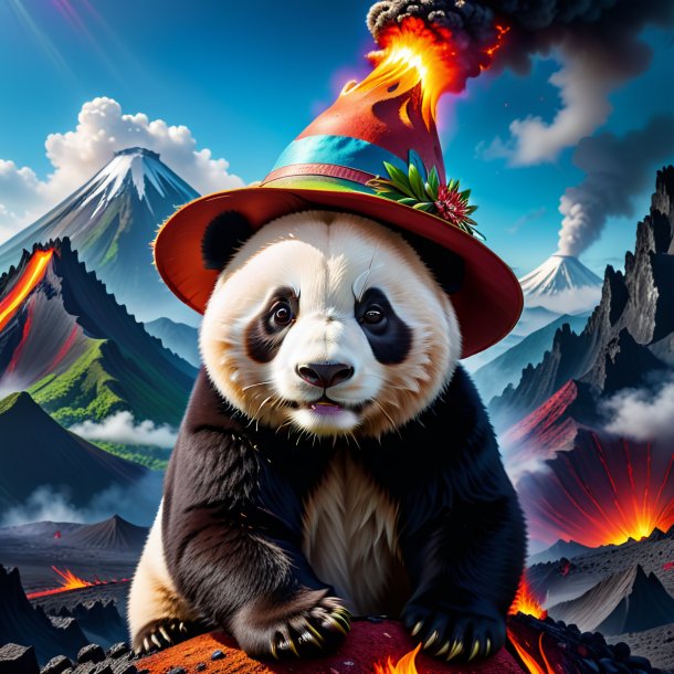 Photo of a giant panda in a hat in the volcano