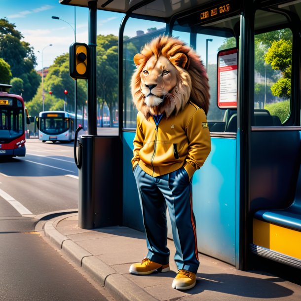 Foto de um leão em uma calça no ponto de ônibus