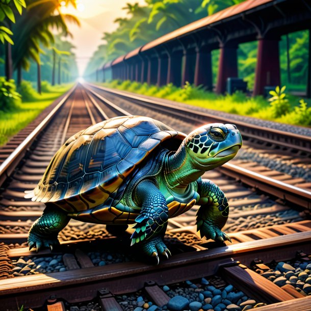 Foto de un baile de una tortuga en las vías del tren