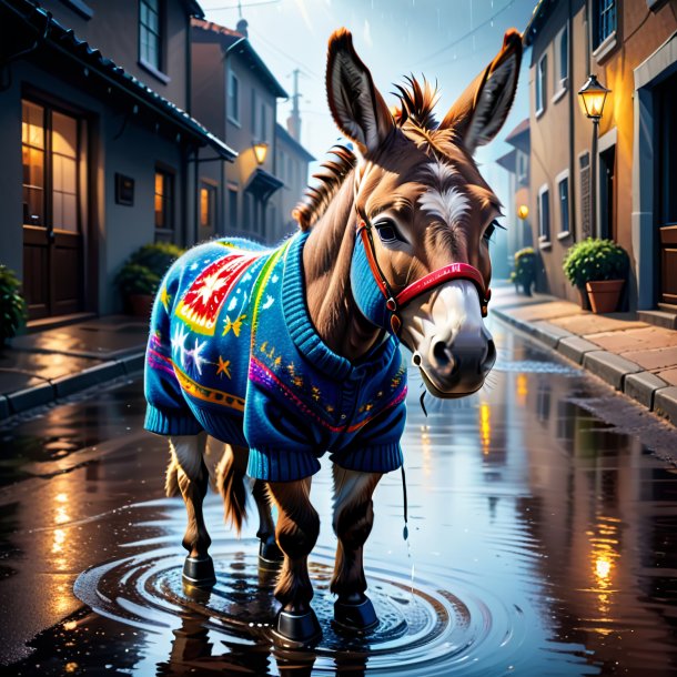 Illustration of a donkey in a sweater in the puddle