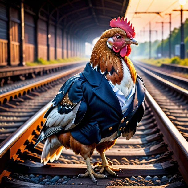 Foto de una gallina en una chaqueta en las vías del tren