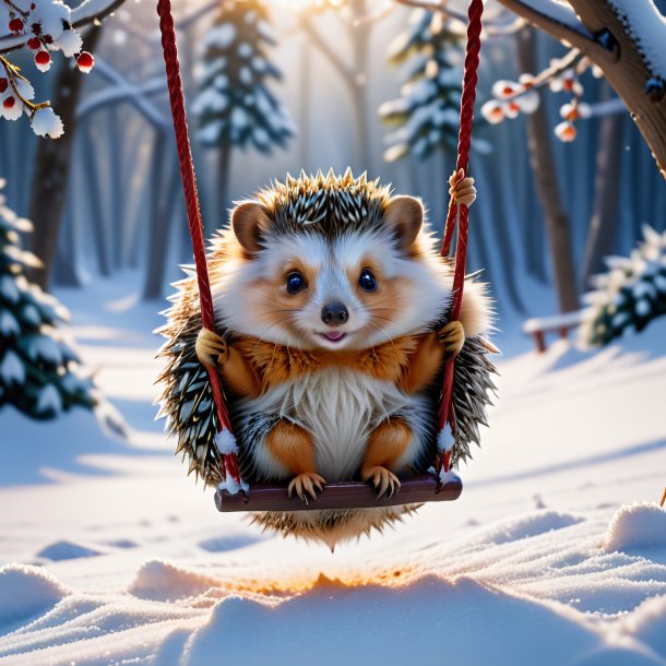 Photo of a swinging on a swing of a hedgehog in the snow