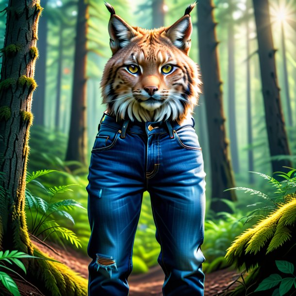 Uma foto de um lince em um jeans na floresta