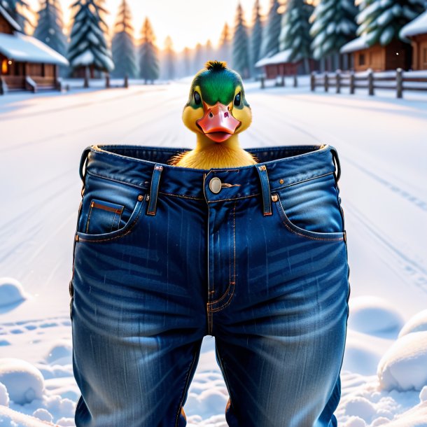 Foto de un pato en jeans en la nieve