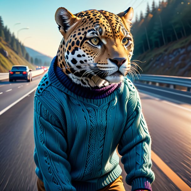 Ilustración de un jaguar en un suéter en la carretera